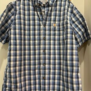 Carhartt Men’s Blue and White Short-Sleeve Plaid Button-Down Shirt